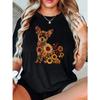 Women Dog Floral Print T-Shirt Black White Crew Neck Short Sleeve Regular Fit All-Season Casual Dog Lovers Gift Top