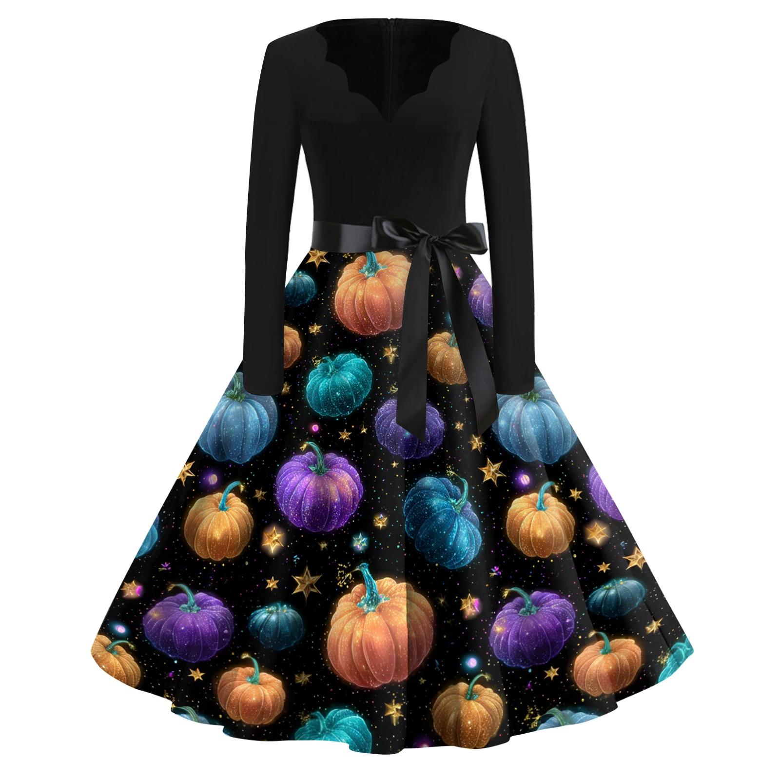 

Women Casual Vintage Dress V Neck Long Sleeve Floral Print Retro Swing Dress with Waist Tie for Halloween L