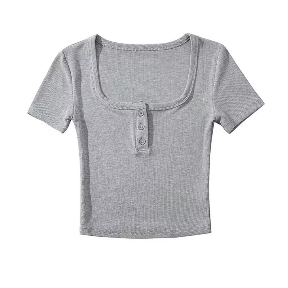 

Женский ретро кроп-топ с квадратным вырезом, пуговицами и короткими рукавами Small светло-серый
