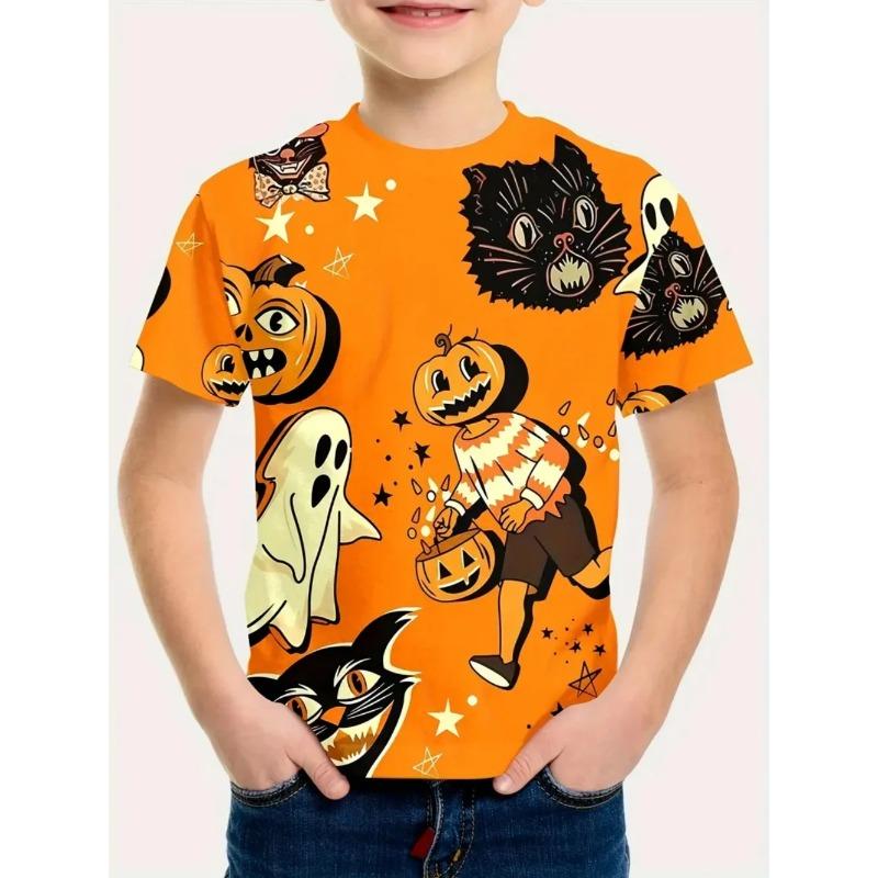 Round Neck 3D Pumpkin Printed Top Fashionable Short Sleeved Children's Boy T-shirts - Soft Medium Stretch Polyester Fabric Summer Relaxed Fit Clothing