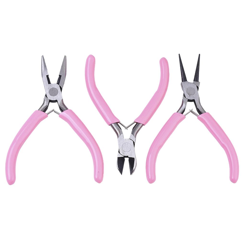 3Pcs Pliers Set Pink Handle Carbon Steel Round Nose Pliers Shear Pliers Side Cutting Pliers DIY
