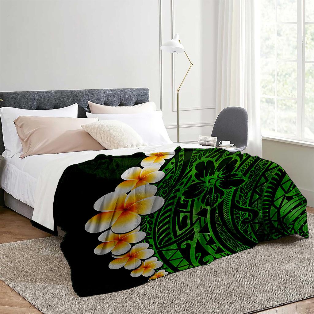 Green Polynesian pattern Blanket for Sofa Bed Travel Camping Living Room Office Conditioning Blanket for All Seasons Gifts