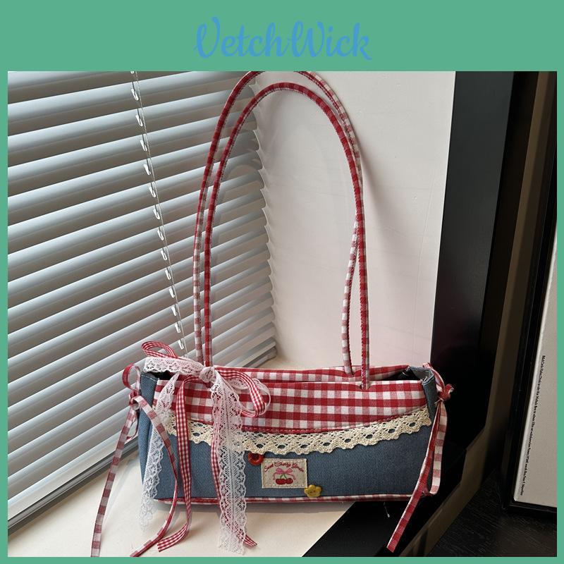 Street Style Small Crossbody Bag With Denim Red Plaid Pattern For Daily Use