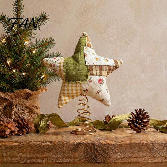 Xmas Tree Finial Christmas Star Topper, Patchwork Plush Stuffed Handmade Cloth Topper Ornament for Winter Holiday Party Home Decor
