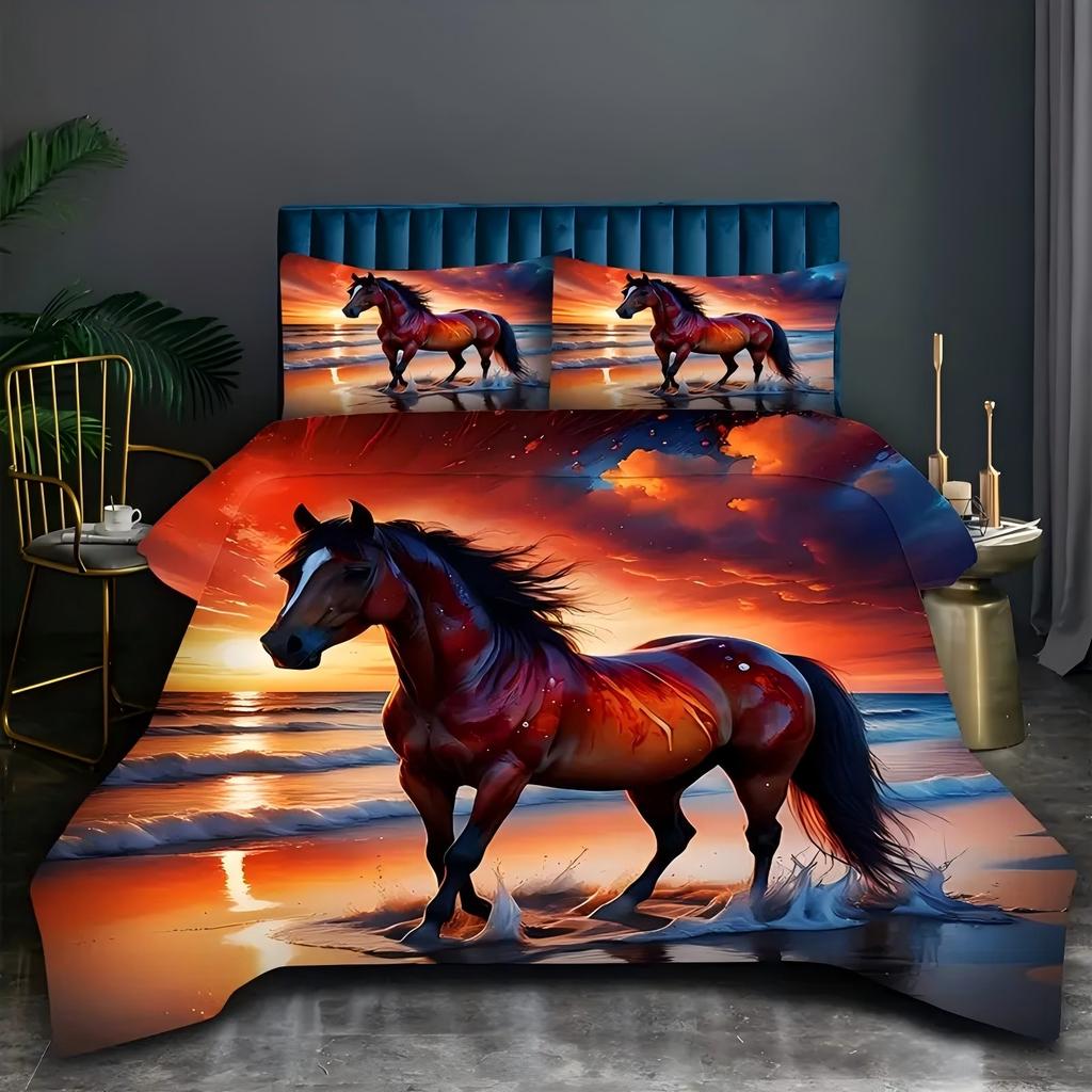Seaside Horse 3D Printed Duvet Cover Set Elegance Soft Comfortable Luxury Bedding Set Wildlife Theme Quilt Cover Set Pillowcases