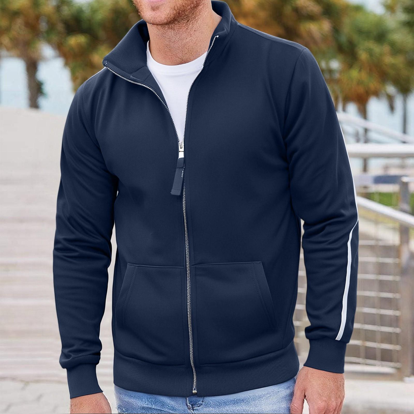 

Мужская уличная повседневная свободная толстовка с воротником-стойкой на молнии с длинным рукавом, универсальный мужской спортивный кардиган с цветными блоками XXL тёмно-синий