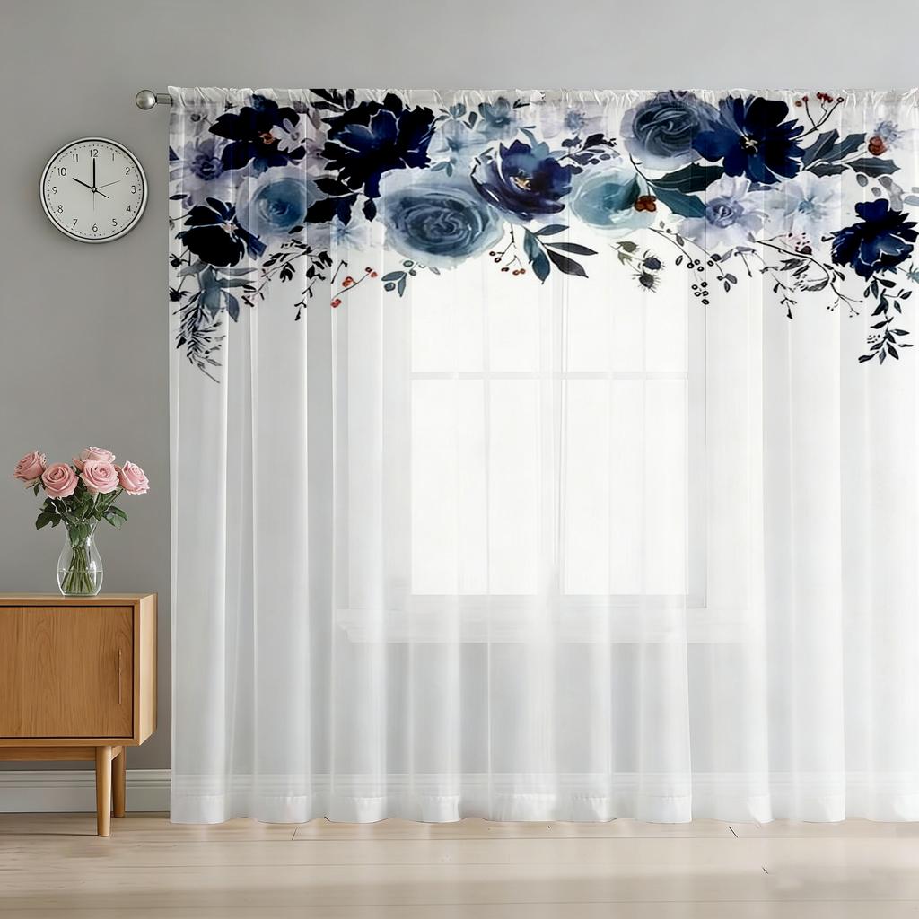1PC Navy Blue Watercolor Floral Sheer Curtains - Elegant Flower Valance Print Window Drapes for Bedroom Living Room Decor