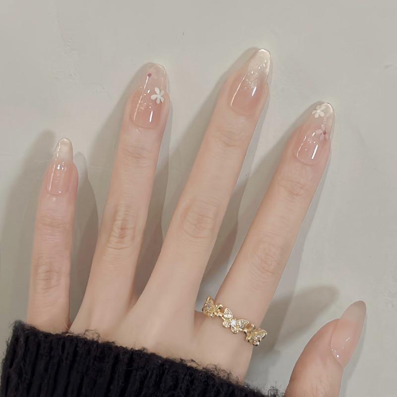 New fashion hand-worn nail ice transparent nude Xiaohua cat eyes oval temperament gentle white nail art patch for nail art tools XS