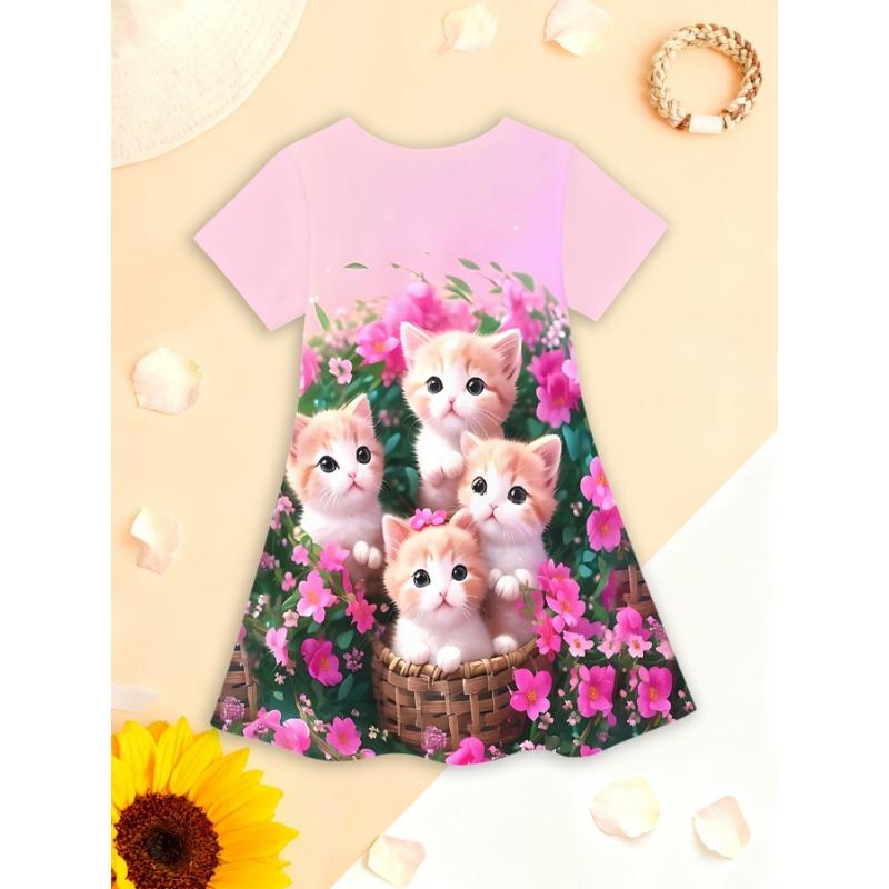 Short-Sleeved Dress for Girls Featuring a 3D Printed Cat Design - a Casual Summer Tutu Dress