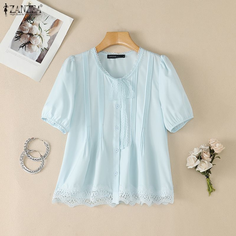 ZANZEA Women Short Puff Sleeve V Neck Lace Trim Button Down Blouse