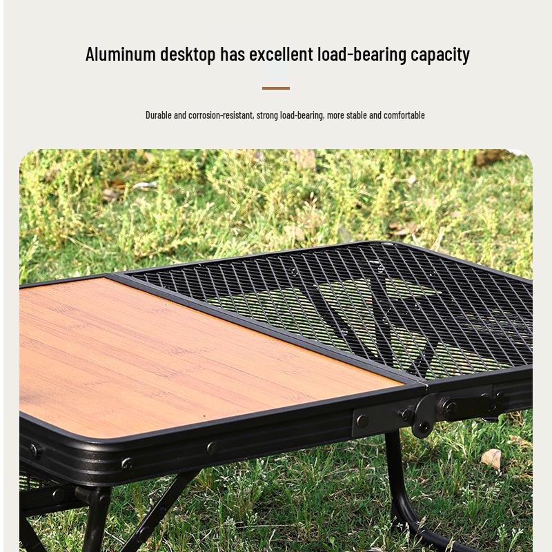Outdoor Wood Grain Folding Table: Multifunctional Mesh Iron Design for Camping, BBQ, and Dining