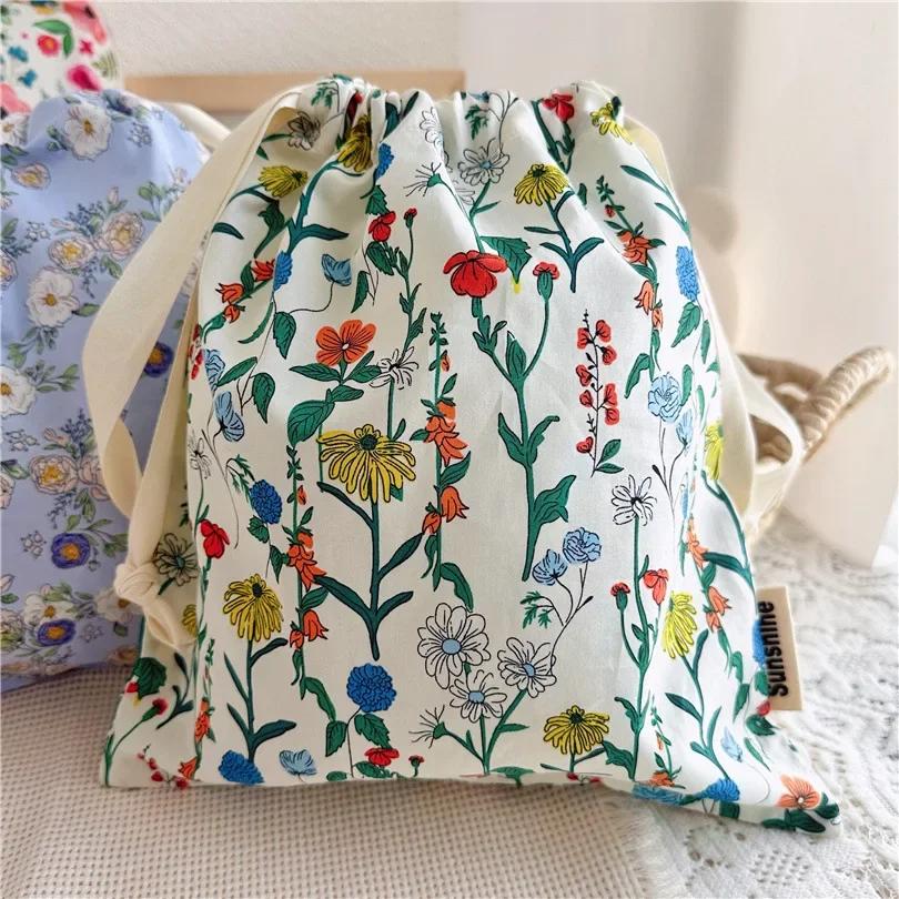 Portable Organizer for Underwear Socks Bra Cotton Makeup Bag Travel Drawstring Bags Ins Flower Print Clothes Cosmetic Bags