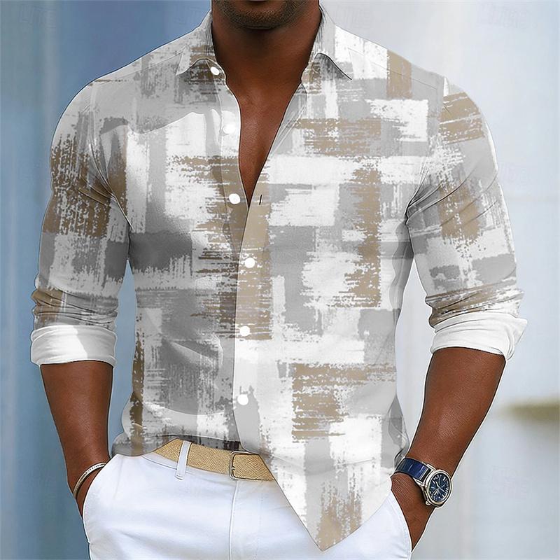 Men's Shirt with Simple Geometric Lines Printed in Contrasting Colors, Loose Long Sleeved Top, Daily Casual Versatile Shirt