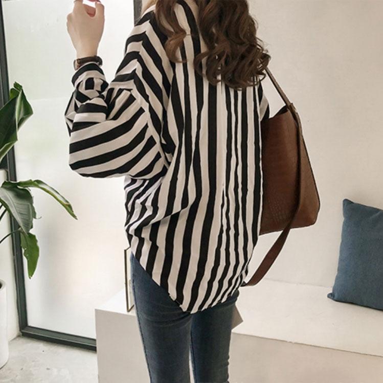 Plus Size Casual Office Lady Women Clothing Korean Pocket Turn Down Collar Striped Shirt Blouses Long Sleeved Top