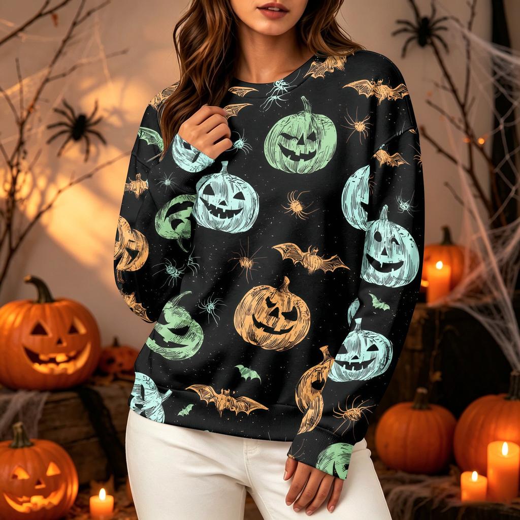 Women's Halloween Print Long Sleeve Neck Sweatshirt Top for Casual Wear