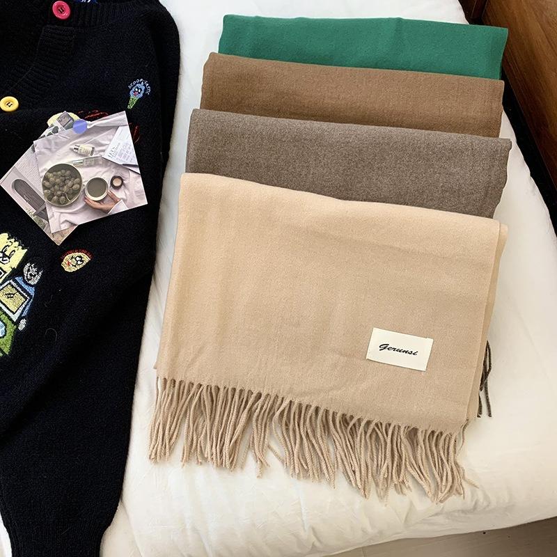 Scarf women's high-quality autumn and winter solid color sweet neck protector imitation cashmere scarf versatile warm fringed shawl