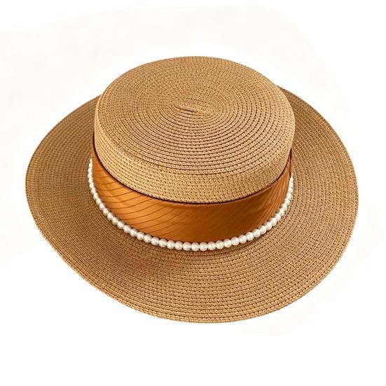 

Women Sun Hat Breathable Wide Brim Flat Top French Style Straw Woven Hat with Ribbon Faux Pearls Decoration Summer Outdoor Hat хаки