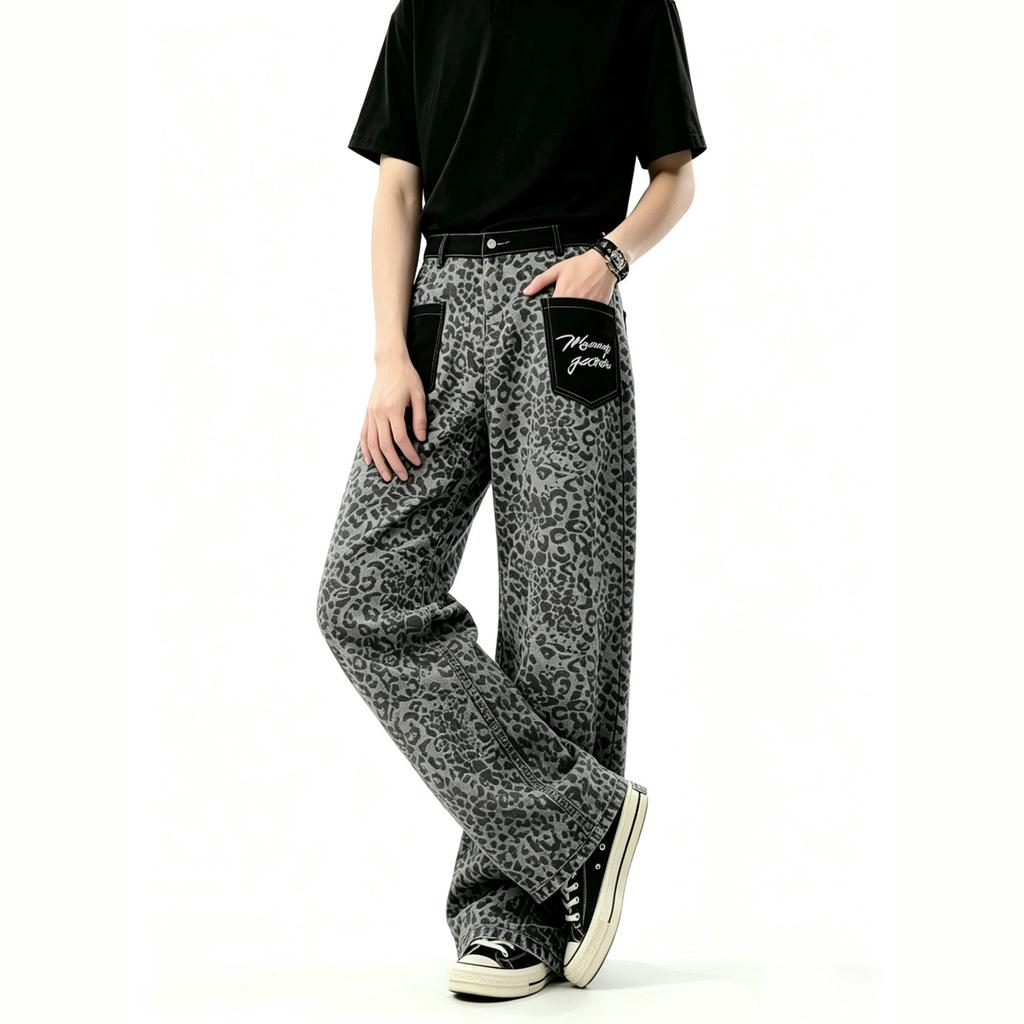 American Retro Leopard Print Splicing Jeans Men's and Women's Patch Pockets Design Loose Casual Wide-leg Scimitar Straight Pants