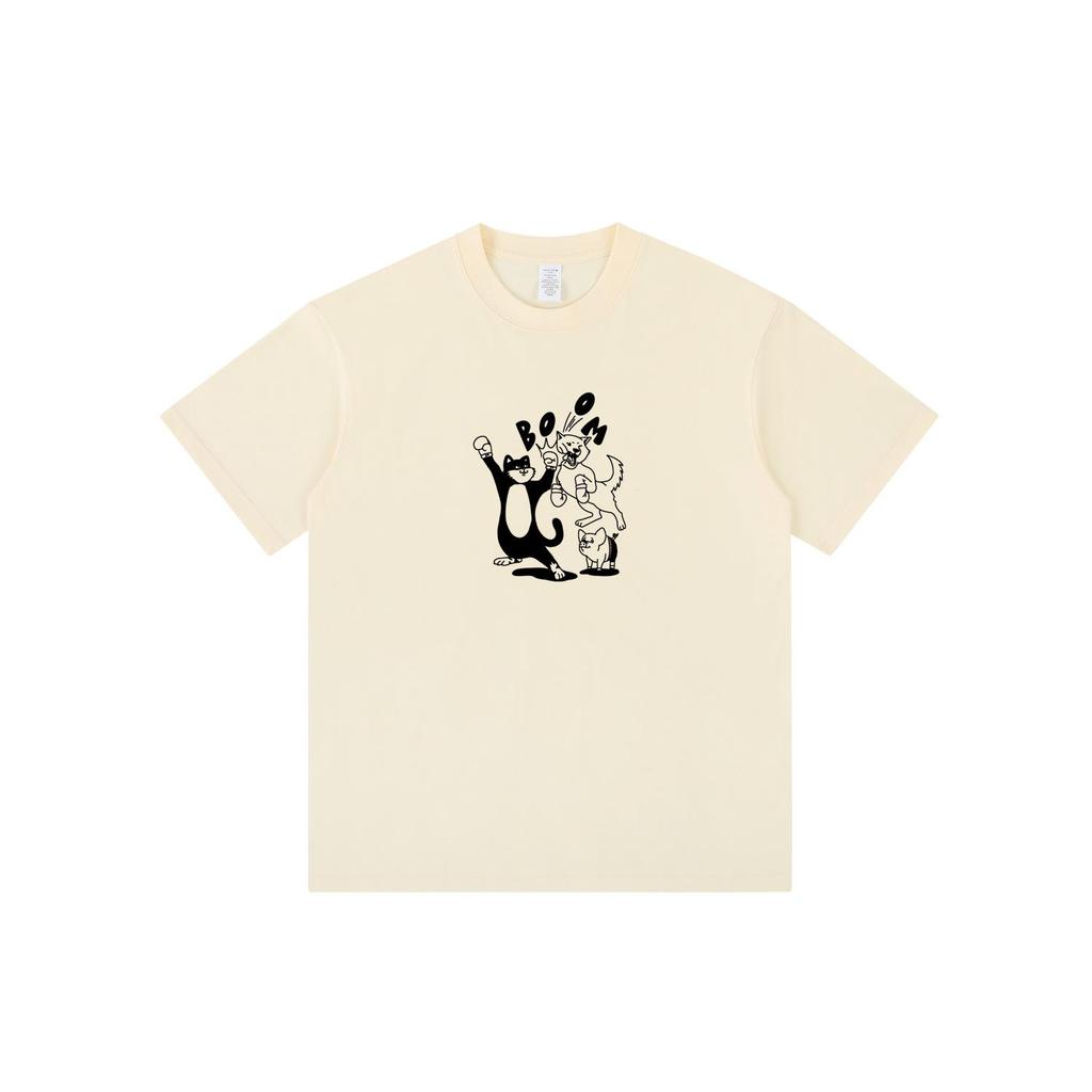 Unisex 2024 Summer Retro Cat Cartoon Boxing T-Shirt, Pure Cotton, Loose Fit