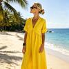 Sommer Baumwoll-Leinen Maxikleid für Damen Lässiges V-Ausschnitt Kurzarm A-Linien Kleid Strandurlaub Fließendes Sommerkleid mit Taschen