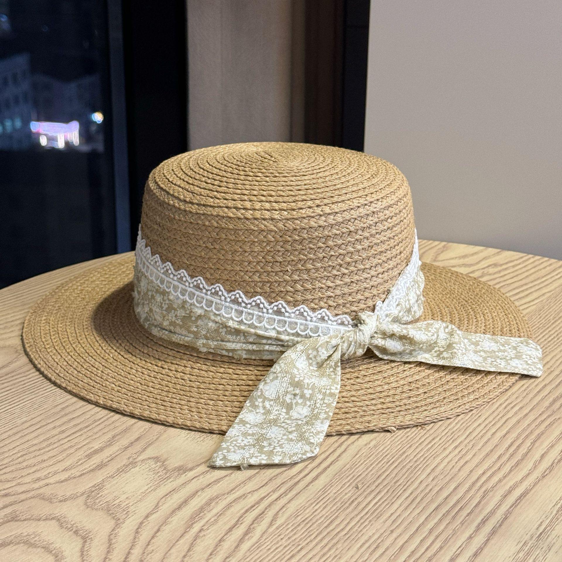 

French-style wide-brimmed straw hat for women, summer lace bow sun protection hat, vacation accessory that makes the face look smaller, elegant Adult54-60Adjustable хакі