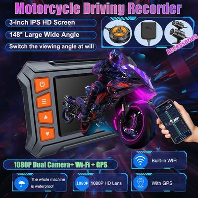 Motorcycle Recorder, 1080P HD Front and Rear Dual Lenses, Wire-controlled Driving Recorder, WIFI+GPS