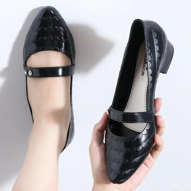 WTEMPO Women Large Size Solid Color Casual Single Shoes PVC Waterproof Non-slip Soft Low Thick Heel Work Shoes
