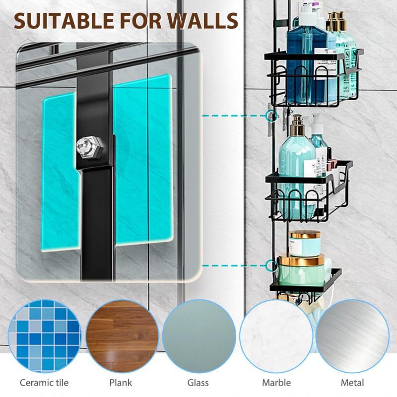 3-Tier Over-the-Door Bathroom Shelf Black Glass Door Hanging Storage Rack No-Drill Shower Caddy Towels