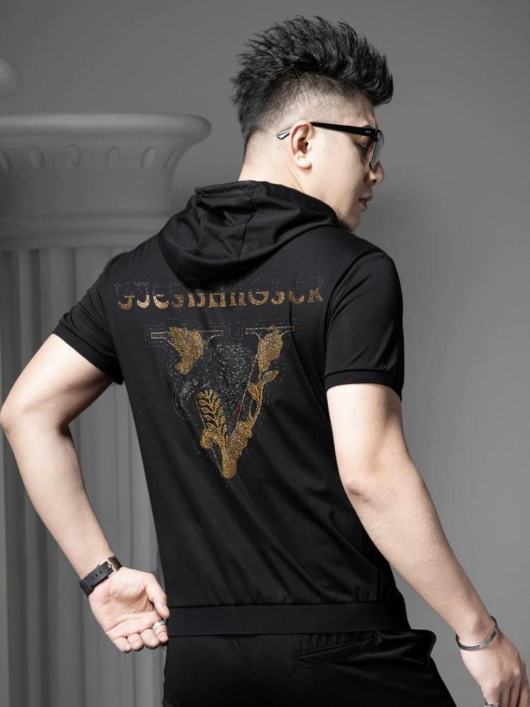 European Goods Men's High End Hot Drilling Print Short Sleeve T-shirt 2025 New Summer Fashion Brand T-shirt Half Sleeve Hoodie