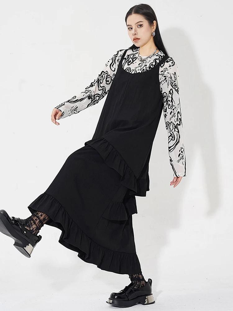 Xitao Loose Patchwork Ruffles Sling Dress Temperament Casual Women HQQ2317