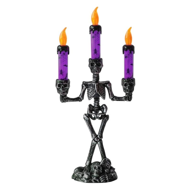 Skull Candelabra Halloween Decoration Skeleton Candlestick with Flameless Candle LED Light for Mantels Tabletop Porch
