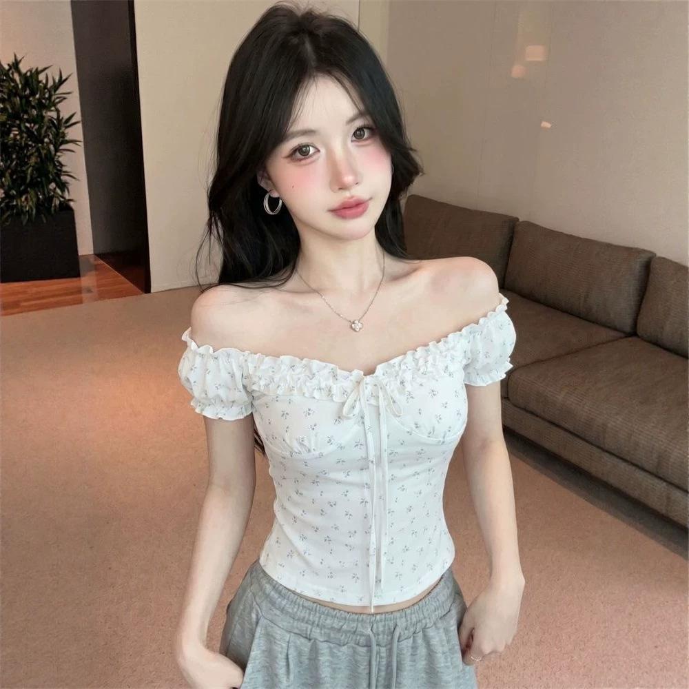 French white one-word neck floral lace-up bubble sleeve T-shirt women's summer niche slim-fit beautiful sweet sister top