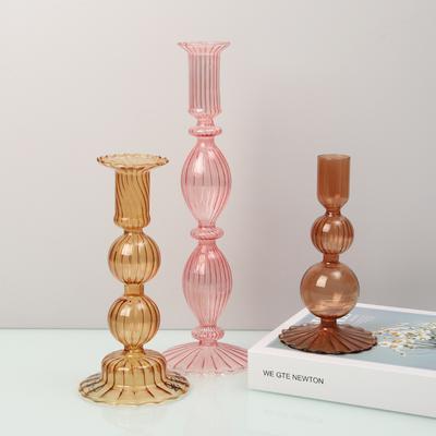 Creative Striped Colored Glass Candle Holder Long Pole Candlesticks Wedding Festival Celebration Candle Desktop Warm Decoration