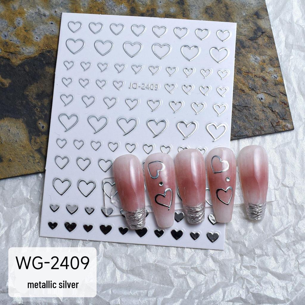 Chrome Hearts Liquid Metal Silver Nail Art Stickers: Heart & Star Designs