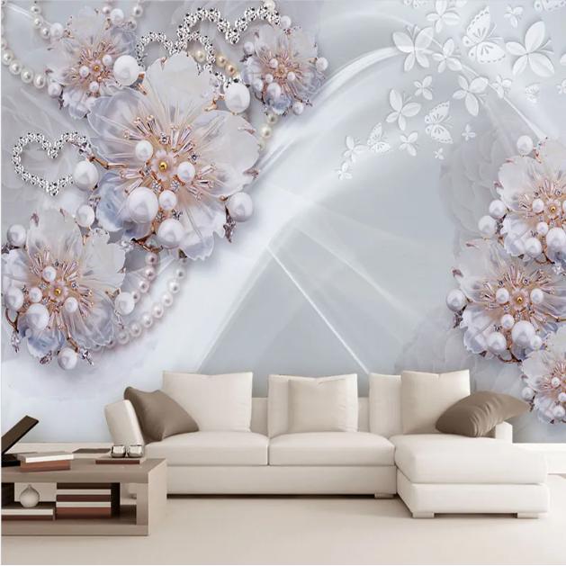 European Style 3D Stereoscopic Jewelry Flowers Wallpaper Living Room TV Backdrop Wall Mural Luxury Home Decor Wall Papers