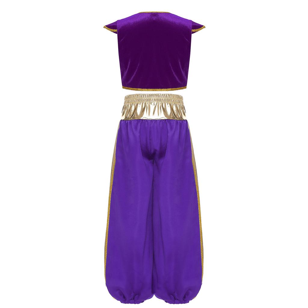 Set Costume da Principe Arabo per Ragazzo Manica a Cappuccio Gilet Intrecciato Patchwork Metallico Lucido Pantaloni a Palloncino Color Contrasto