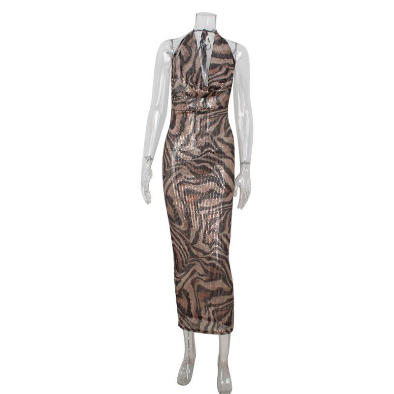 

Женское модное сексуальное платье с V-образным вырезом и бретельками через шею, классическое платье с леопардовым принтом и пайетками L цветной печати леопарда