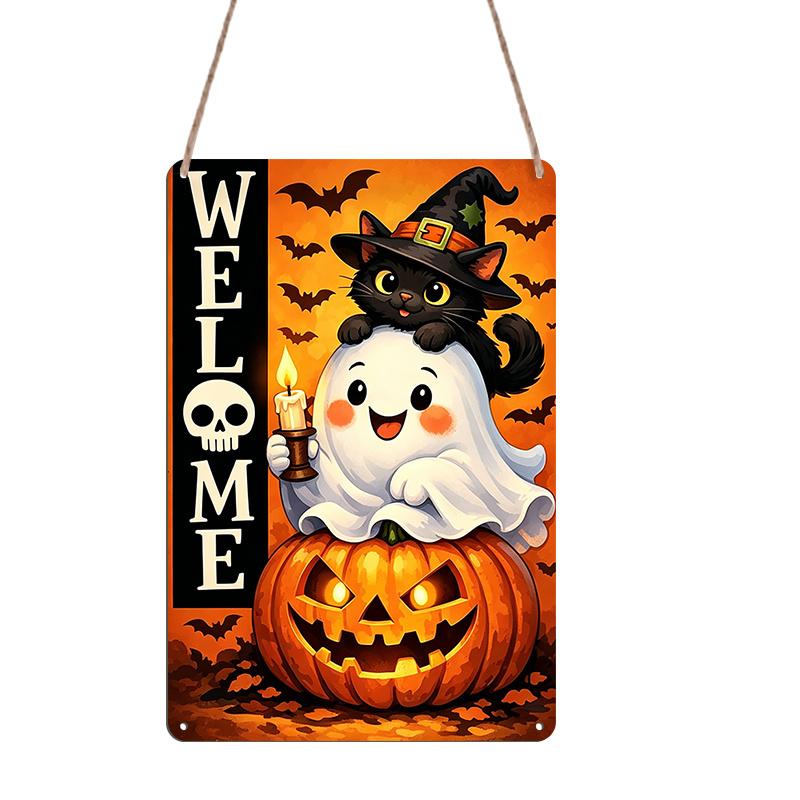 2D Flat, 1pc Halloween Welcome Cartoon Ghost Aluminum Sign, Front Door Welcome Plaque, Farmhouse Entry Wall, Halloween Party Backdrop, Cottage Porch