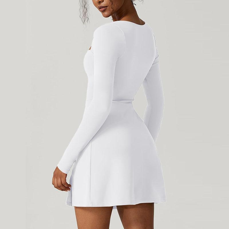 Womens Square Neck Bodice Dress Long Sleeve Side Slit Flare Mini Dresses