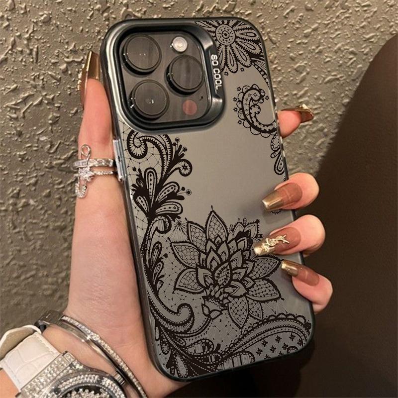 Luxury Lace Florals Pattern Phone Case For iPhone 15 14 13 12 11 16 Pro Max 7 Plus X Shockproof Electroplated Lens Bumper Cover