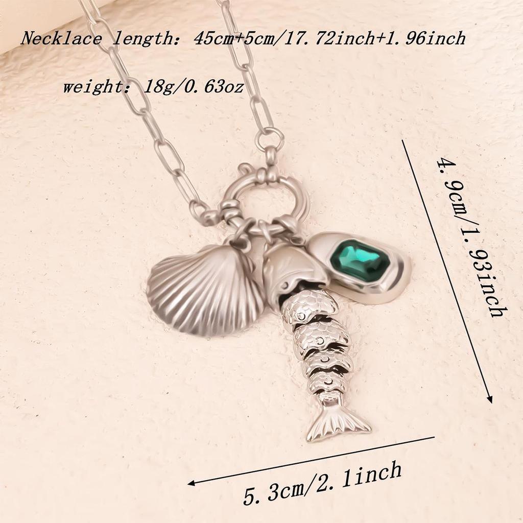 Stainless Steel Ocean Style Shell Pendant Necklace, Colorfast Clavicle Chain with Small Fish Shell Design