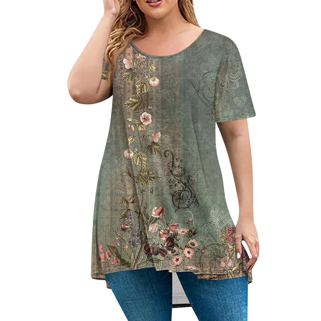 Damenmode Große Größe Rundhals Kurzarm Casual Print Lose Pullover Top