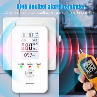 Detector de Gas y CO 4 en 1 con Pantalla LCD Enchufable Alarma de Gas Natural Monóxido de Carbono Monitor de Temperatura y Humedad Alta Sensibilidad Seguridad para Hogar y Autocaravana