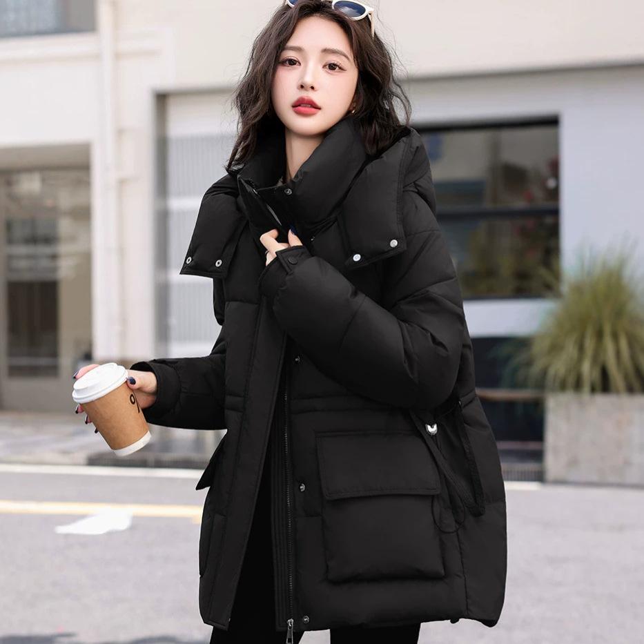 Waist hooded cotton clothes women's new medium and long loose thickened warm student winter coat tide