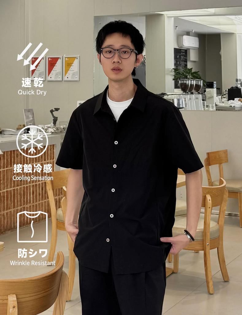 [CHANGE WELL] Men's 2025SS Fashion Summer Casual Lightweight Stretch 70D Nylon Quick-Drying Engineering Cut Short-Sleeve Shirt (BLACK, L)