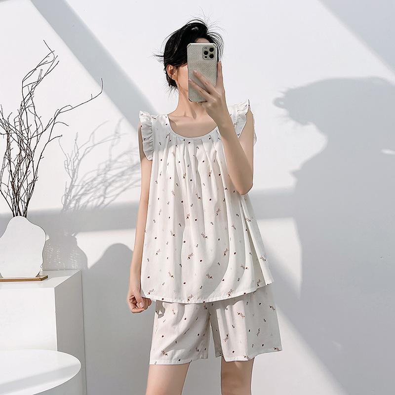 Lyocell cotton pajamas with chest pads women's spring and summer loose thin sleeveless vest shorts set simple loungewear