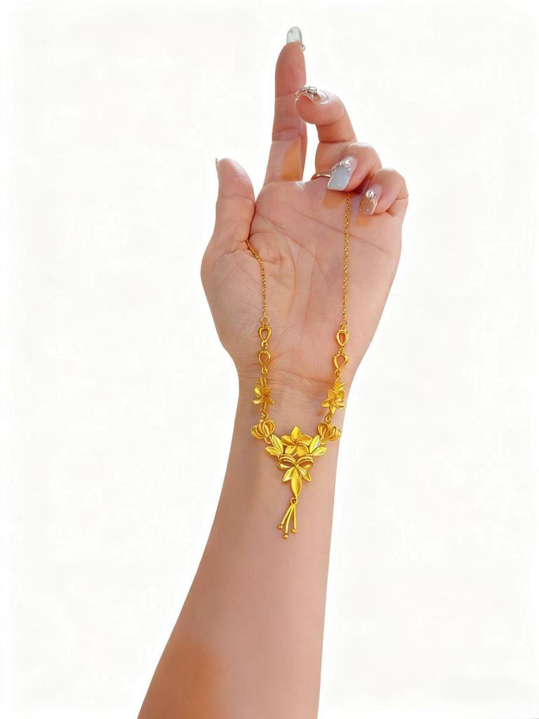 Gold Three-Life Flower Tassel Necklace: Exquisite Wedding Gift for Girlfriend