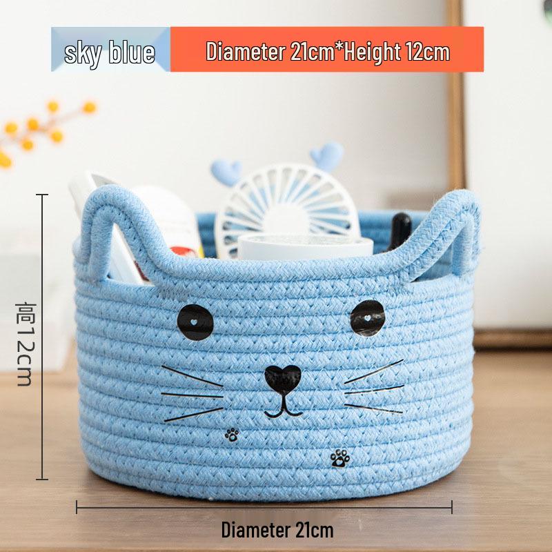 Cartoon Woven Cotton Rope Storage Basket for Cat, Remotes, Sundries, and Cosmetics
