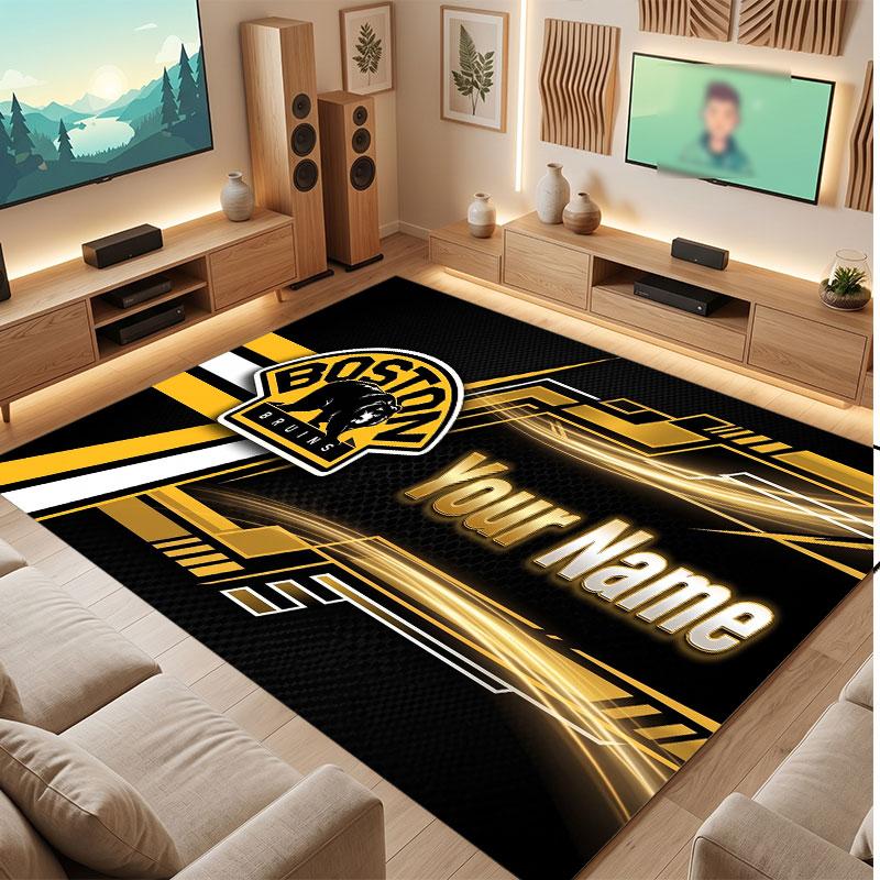 Tappeto in Cristallo Vellutato Personalizzato Boston Bruins, Tappeto Morbido Antiscivolo con Testo Nome Personalizzato per Soggiorno Camera da Letto