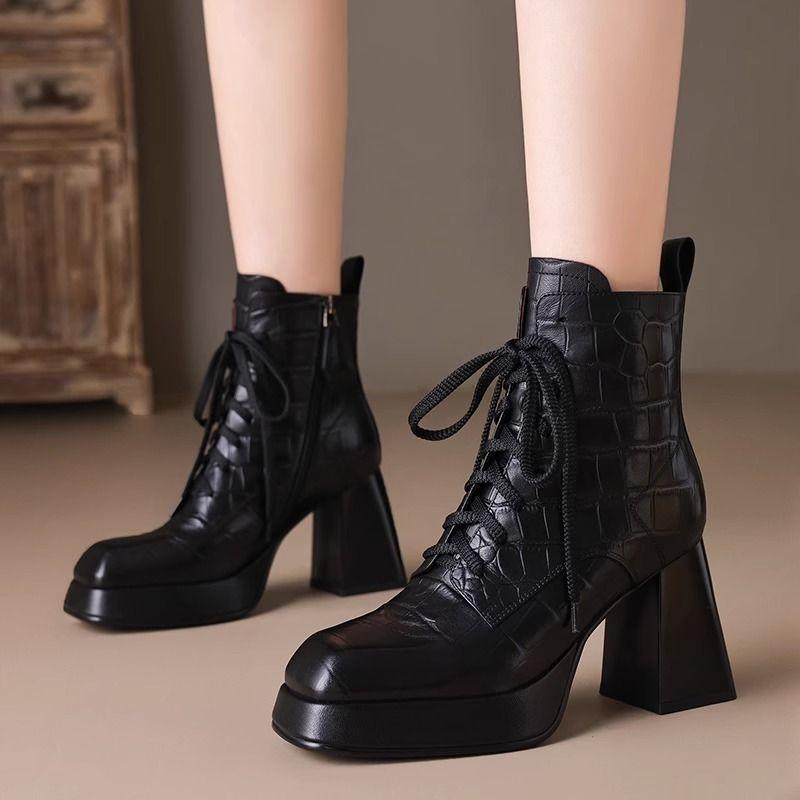 

2025 winter new retro waterproof table lace-up Martin boots women s square head thick heel high heel single boots velvet short boots 40 чёрный